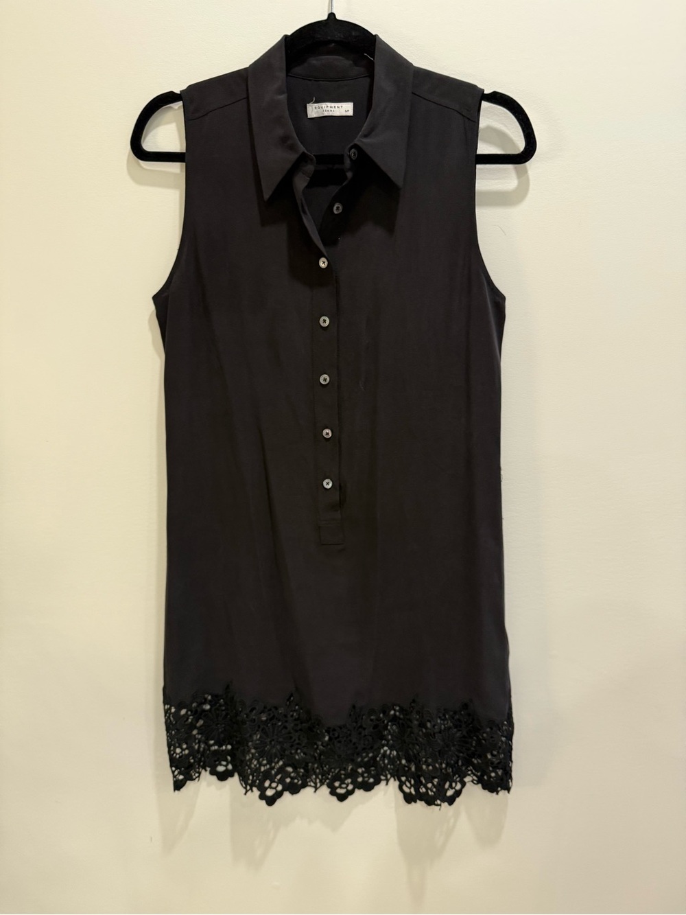 Equipment Black Sleeveless Button-Front Dress with Lace Hem